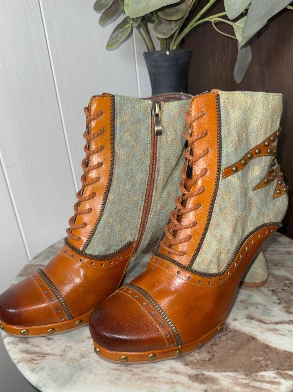 Tan Leather and Fabric Lace-Up Women’s Ankle Boot